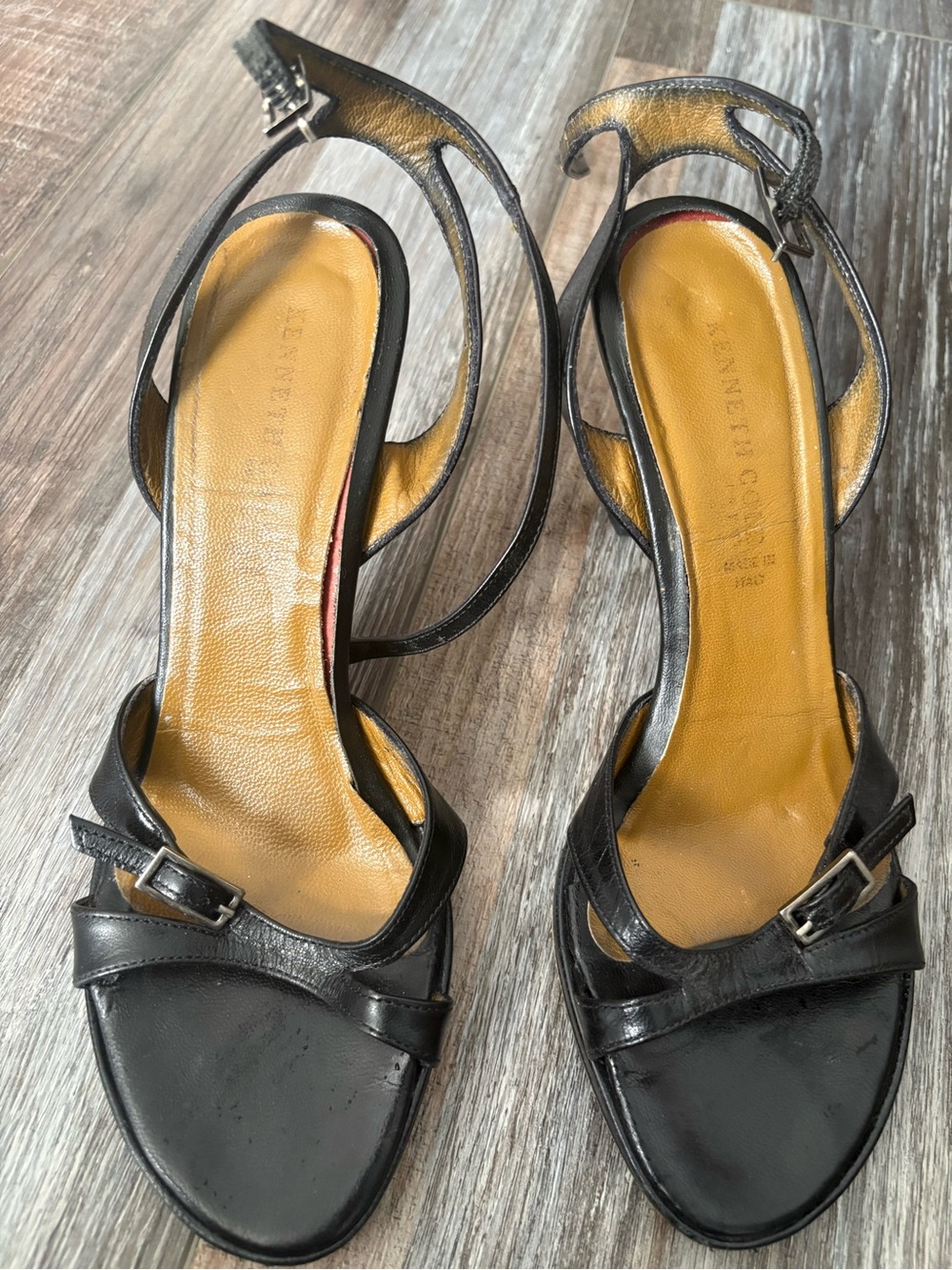 Kenneth Cole Black Leather Ankle-Strap Open-Toe Heels